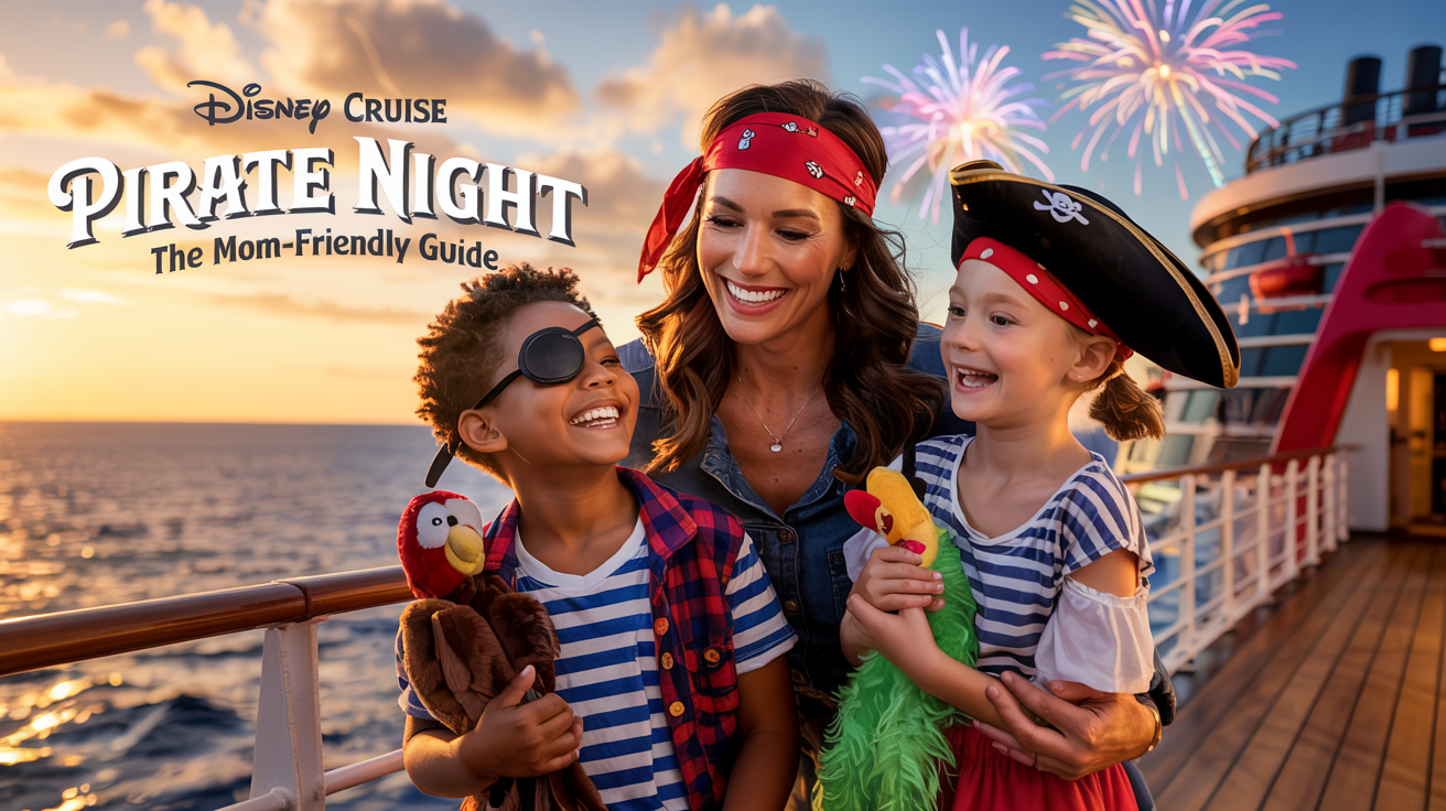 Mom and kids in pirate costumes smiling on Disney Cruise deck at sunset, celebrating Pirate Night