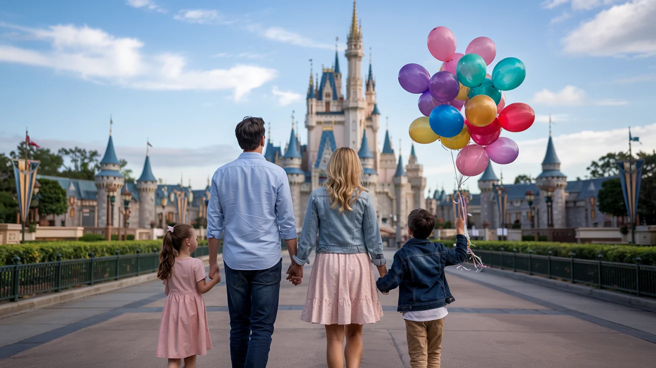 A family of four — parents and two kids — holding hands and walking toward a fairytale castle, with the son holding a bunch of colorful balloons. The setting is bright and joyful, evoking a magical Disney vacation experience.