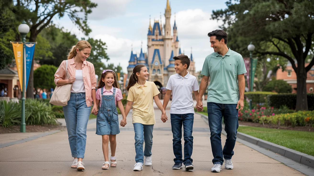 A smiling family walking hand-in-hand down a sunlit path away from a Disney-style castle in the distance. The parents and two children look relaxed and happy, capturing the feeling of a magical, well-planned vacation.