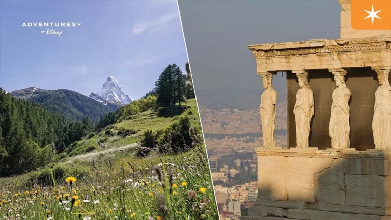 A split image showing the ruins of Greece and the Matterhorn in the Swiss Alps showcasing Adventures by Disney newest offerings.