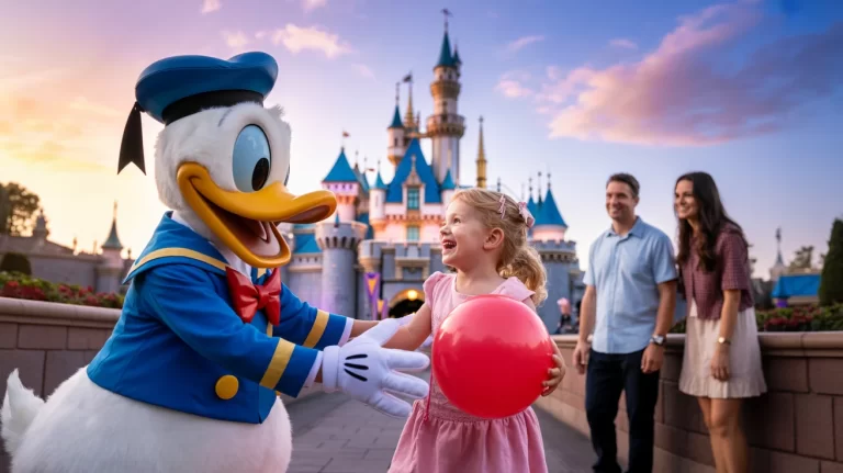 Disney character Donald Duck walking near family with Sleeping Beauty Castle in background