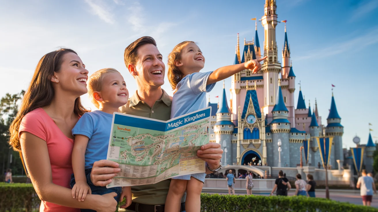 Happy family holding Disney map in front of Cinderella Castle at Magic Kingdom