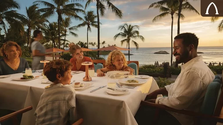 family eating at a restaurant with palm trees and the ocean as their backdrop