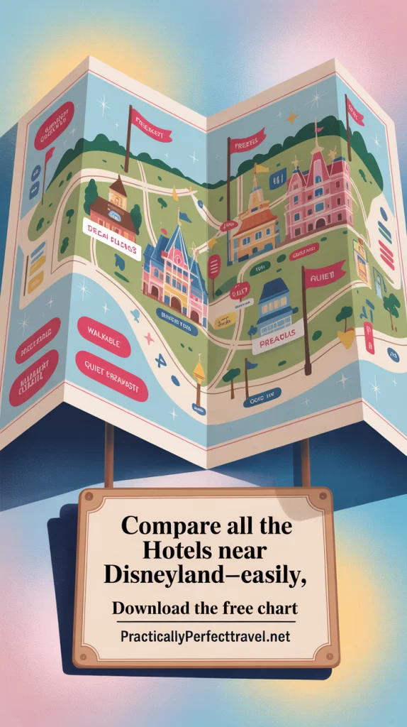 Illustrated map with an invitation to download the chart to find the best hotels near Disneyland