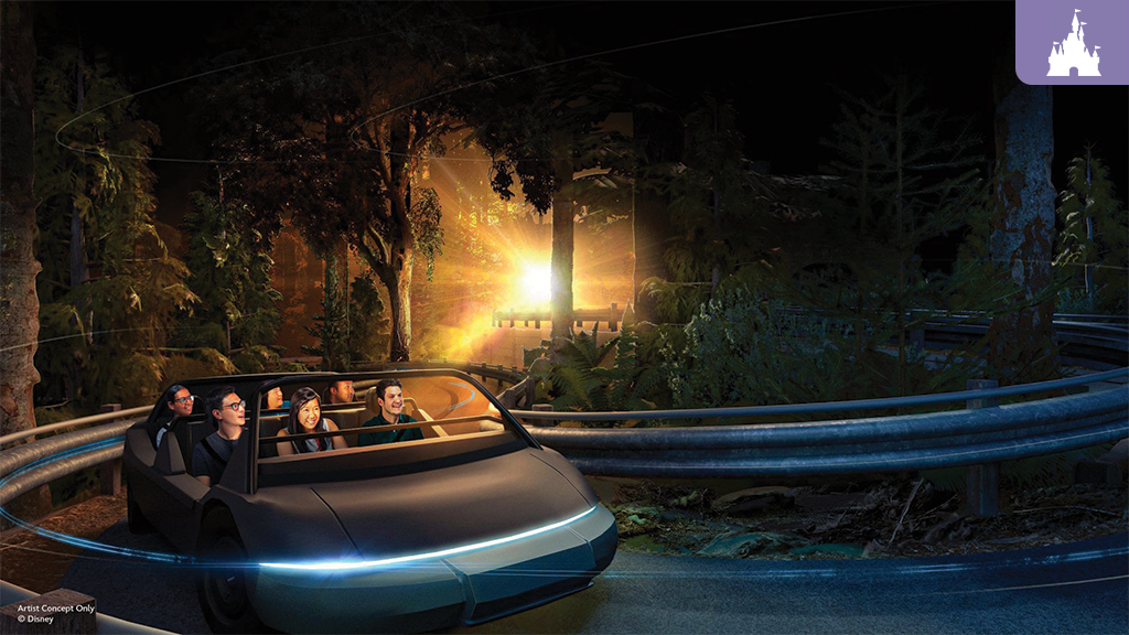 Concept art of the new Test Track ride of a ride vehicle going through trees