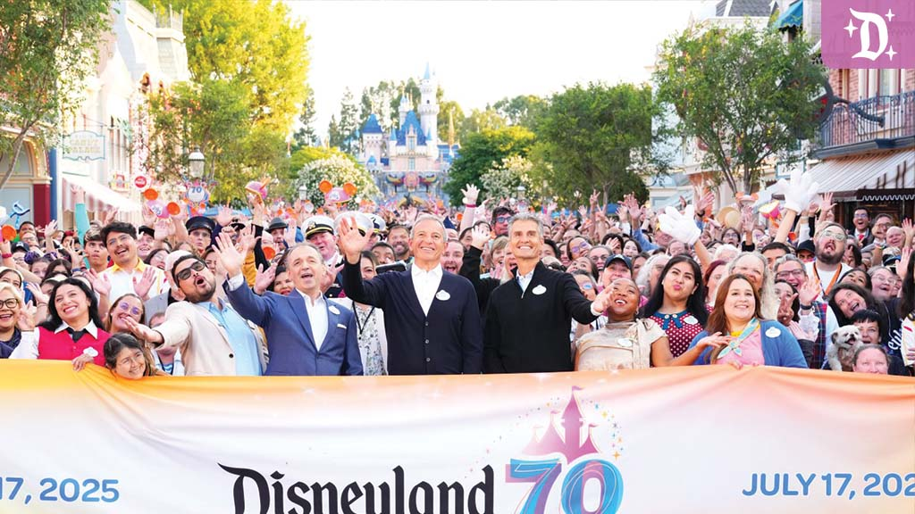 Bob Iger, Josh DAmaro and several Cast Members on Main Street Disneyland on July 17th 2025 Celebrating Disneyland's 70th anniversary