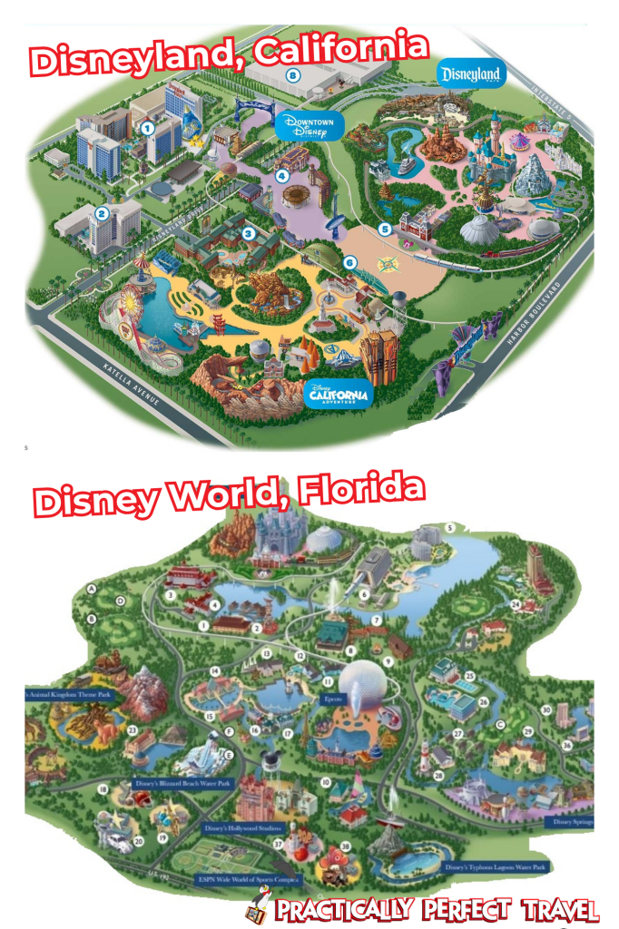 maps of Disneyland Resort and Disney World Resort side by side