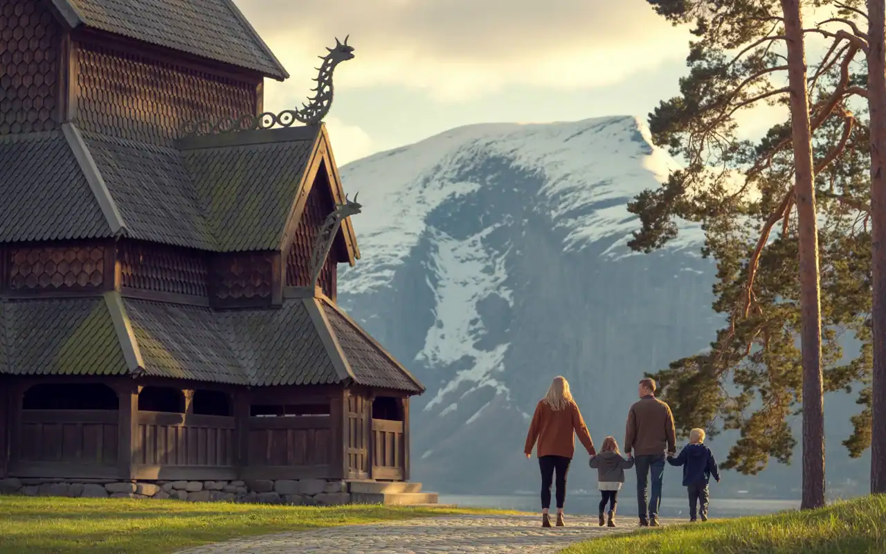 A family walking past the stave church in Norway on an Adventure by Disney vacation