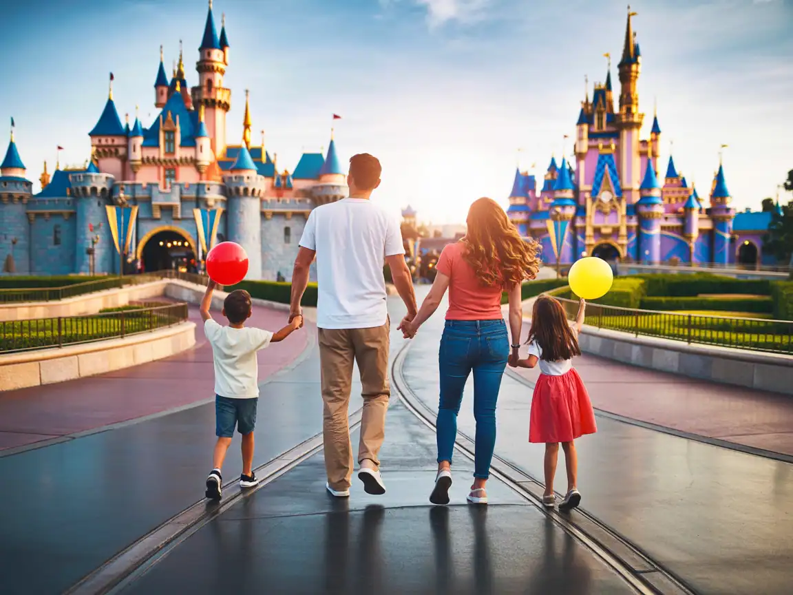 Family of four standing in front of both Disneyland and Walt Disney World Castles