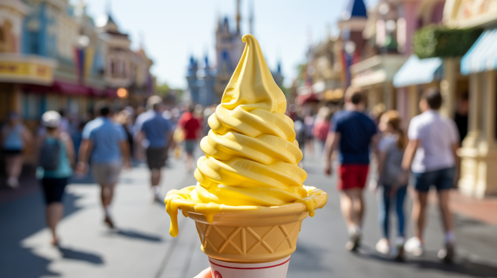 an image of a yellow Dole Whip cone with Cinderella Castle in the Background