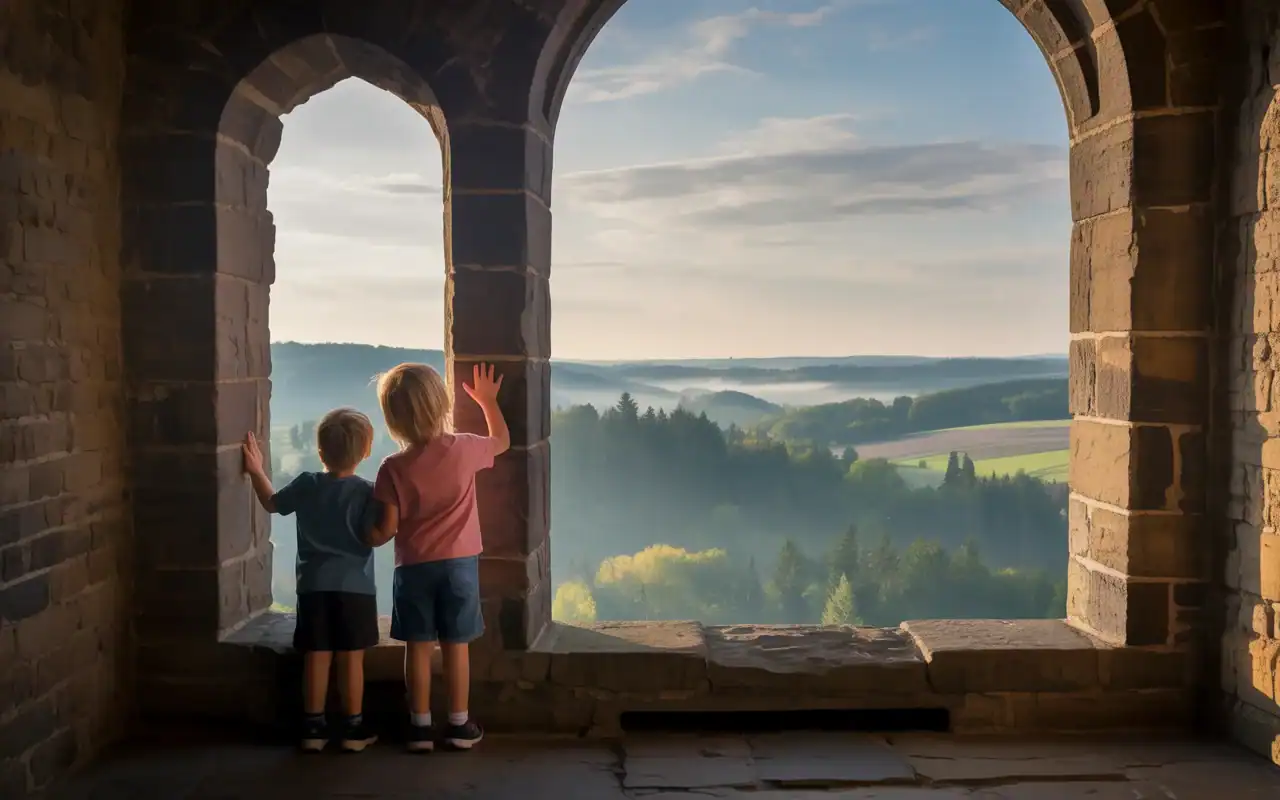 Two kids looking out a castle window on an Adventures By Disney Vacation
