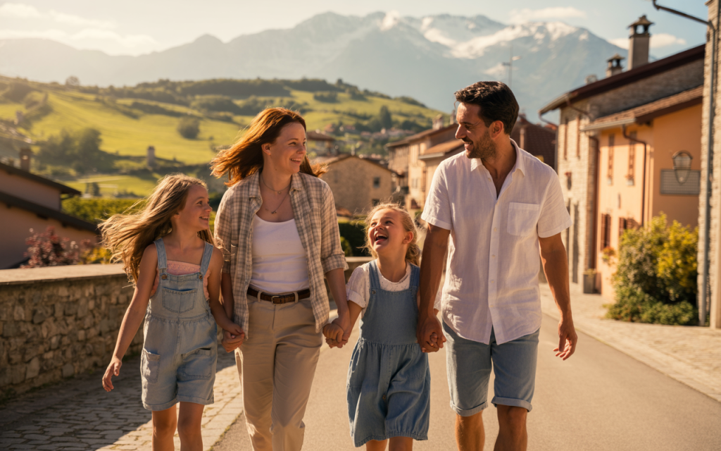 Family exploring a European village together during an Adventures by Disney trip.