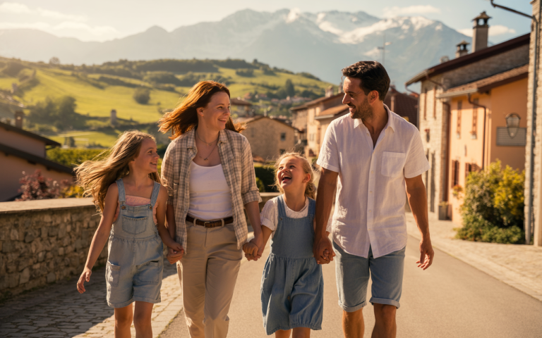 Family exploring a European village together during an Adventures by Disney trip.
