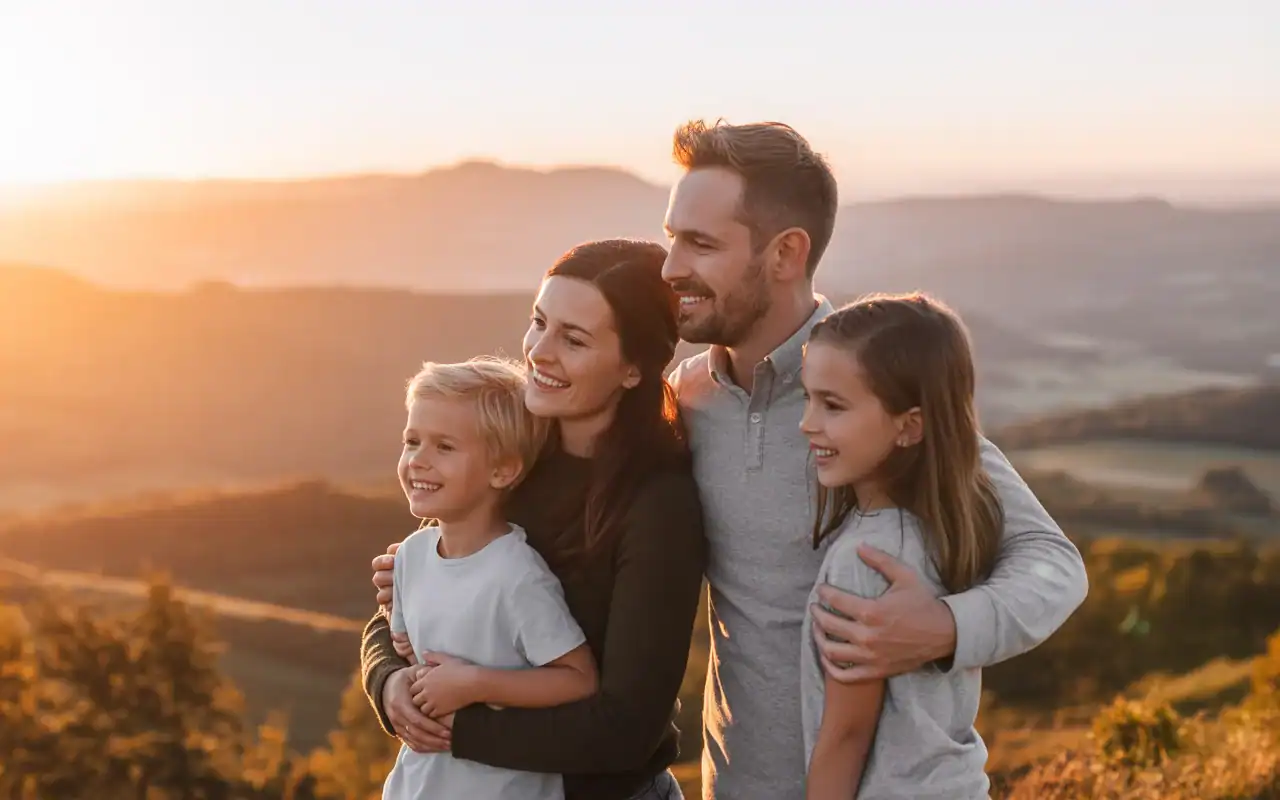Family standing together at sunset during an Adventures by Disney vacation.