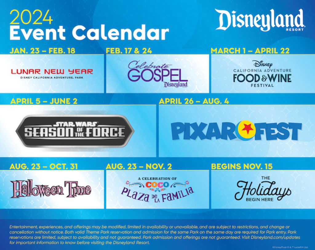 A calendar of the events at Disneyland in 2024